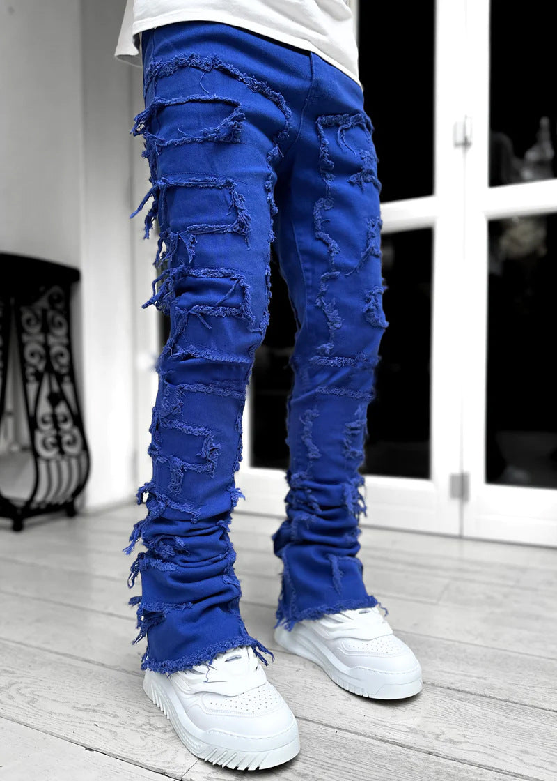 Men's Stacked Jeans - Ripped Patched Tight Fit Denim Pants