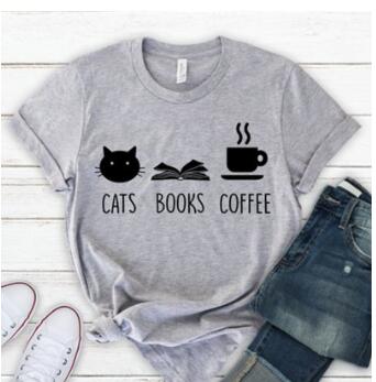Cat Book Coffee T-Shirt Female Graphic T-Shirt Tumblr Streetwear Cotton T-Shirt Retro Coffee Top Cute Cat Shirt