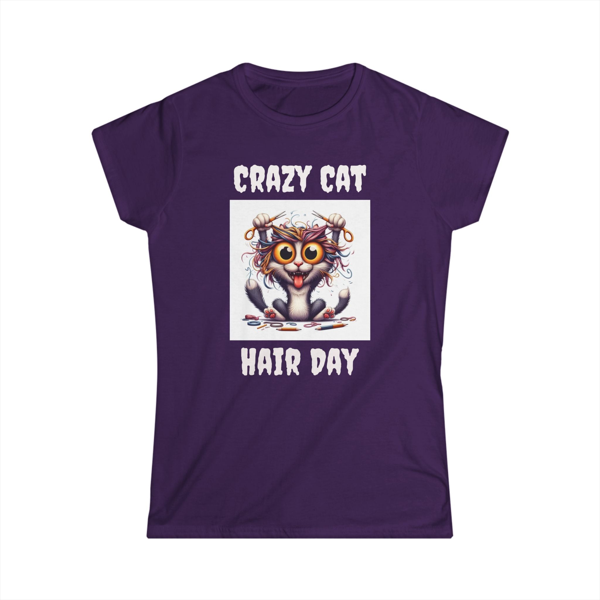 Crazy Cat Hair Day Women's Softstyle Tee - Funny Cat Lover Gift