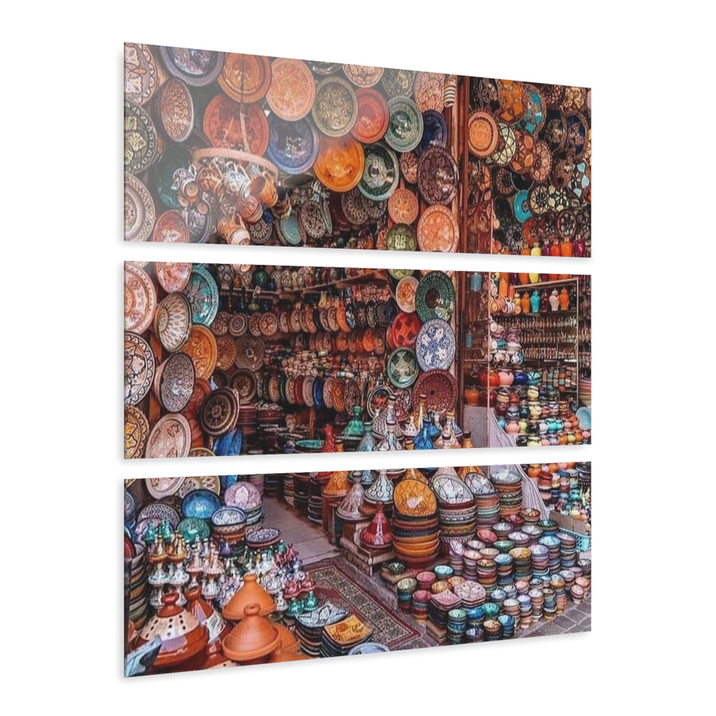Moroccan Market Triptych Acrylic Print — Colorful Ceramic Pottery from Safi, Morocco Wall Art
