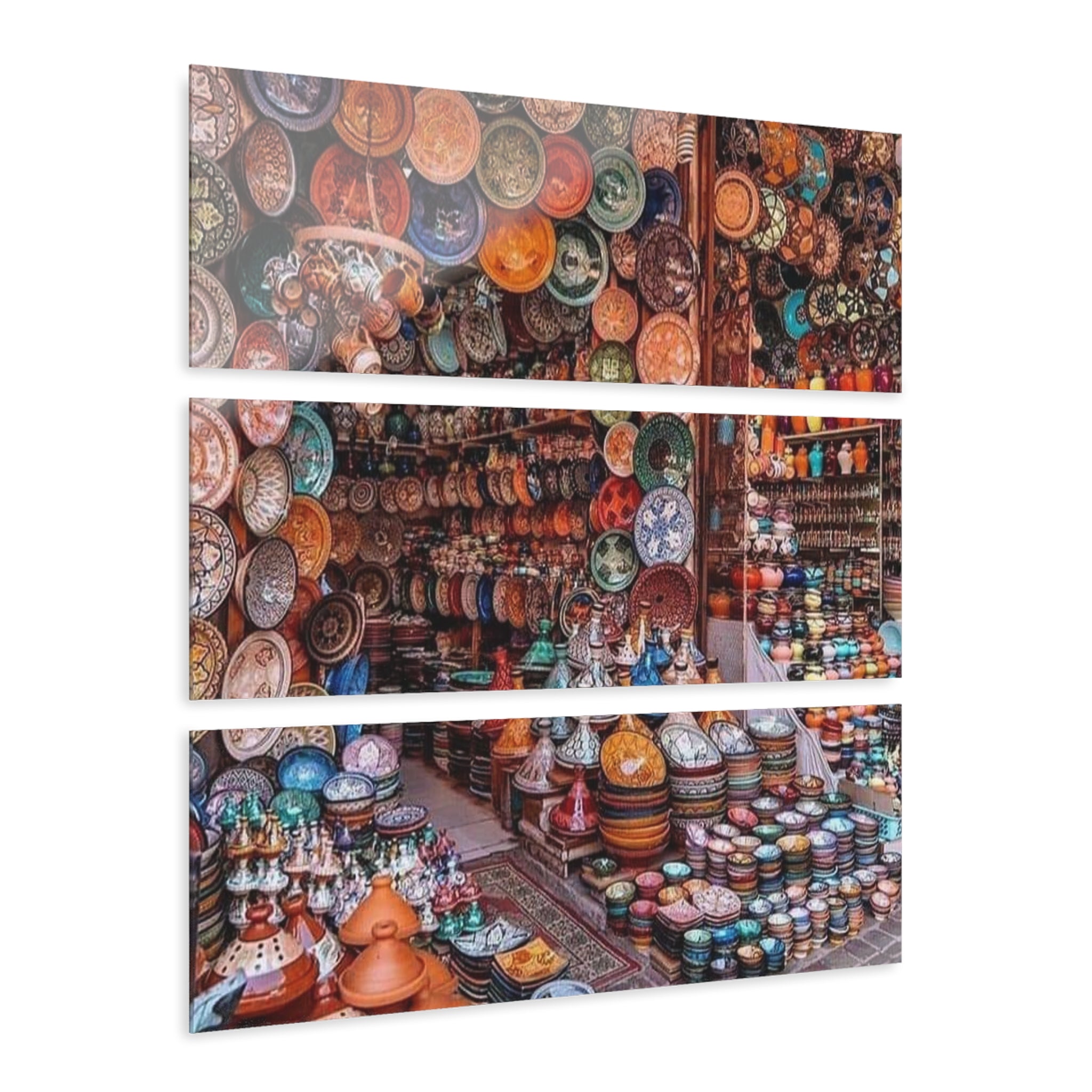 Moroccan Market Triptych Acrylic Print — Colorful Ceramic Pottery from Safi, Morocco Wall Art