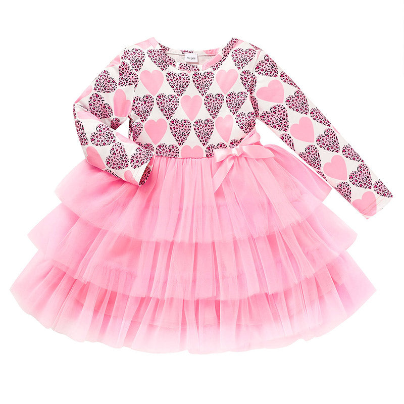 Toddler Girls Outfits Long Sleeve Graphic Heart Print Mesh Tulle Dress