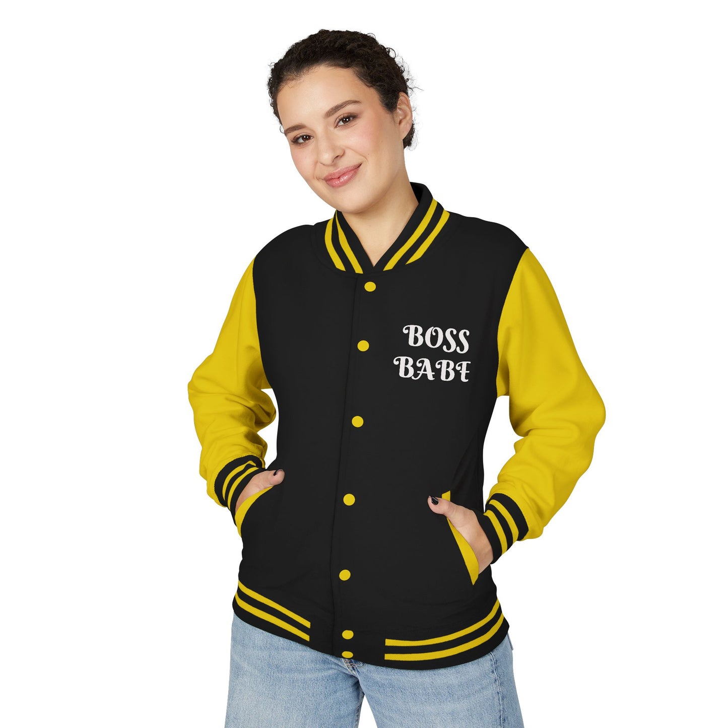 Jackets / Letterman Jacket / Clothing: Boss Babe Unisex Heavyweight Letterman Jacket - Empowerment Gift, Trendy Outerwear, Fashion Statement, Casual Layering, Stylish Gift for Her