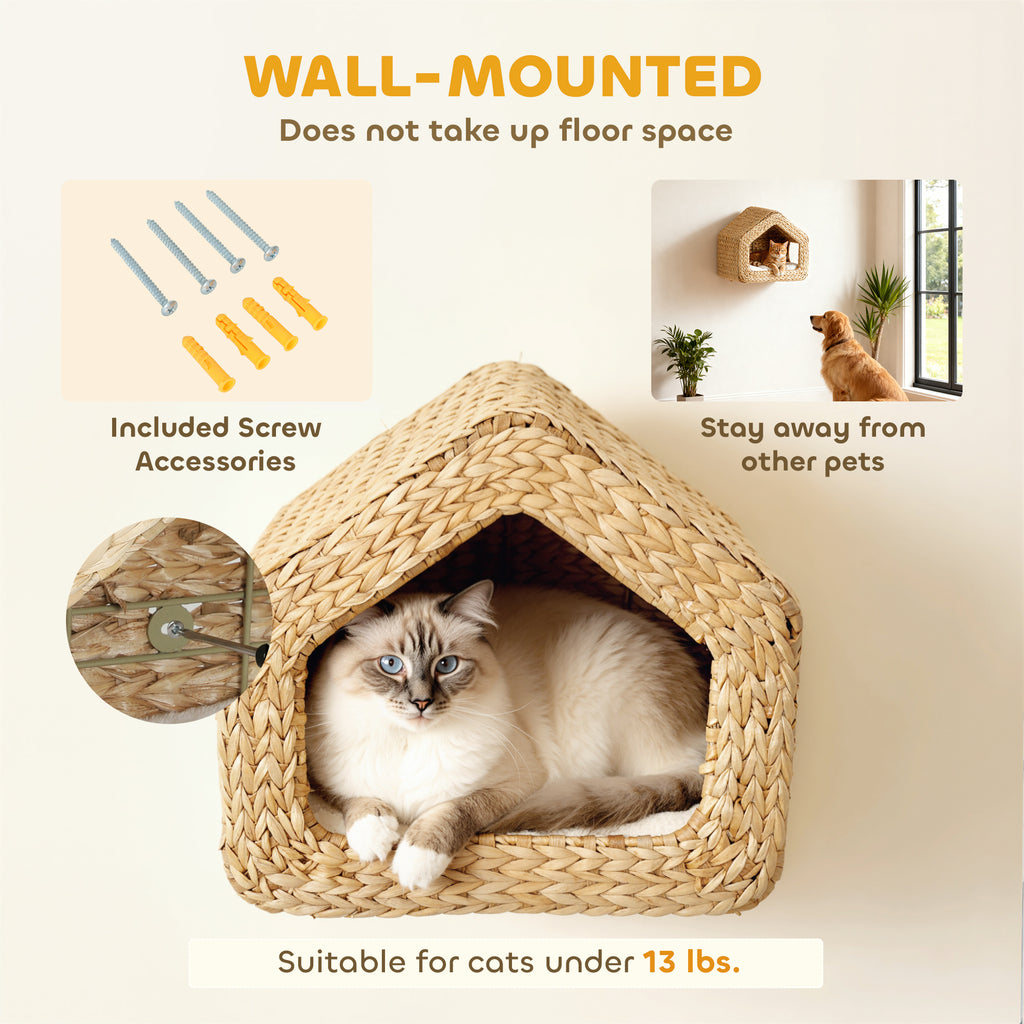 Wall Mounted Cat House, Cat Wall Furniture, Cat Wall Shelf with Washable Cushion, Natural