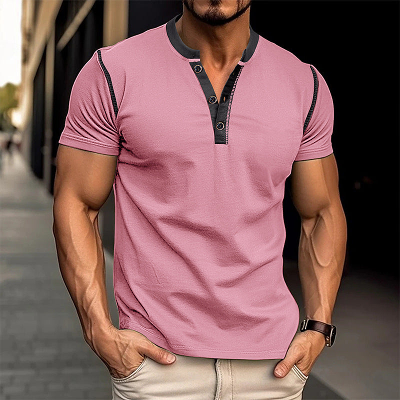 Men's V-Neck Polo Shirt - Short Sleeve Button Summer Top