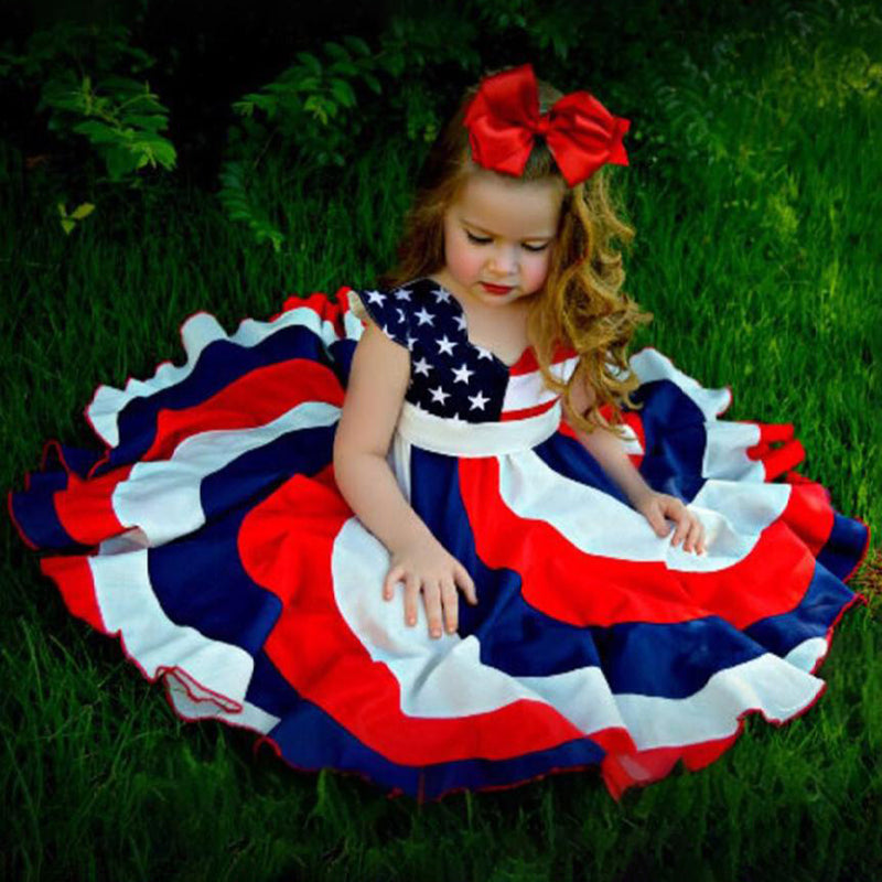 Toddler Girls' (4T- 8T) Independence Day Dress Red White & Blue Stripes and Stars Short Sleeve Twirl Dress 4th Of July