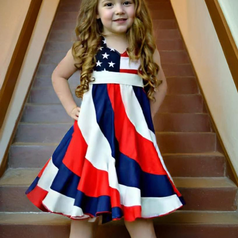 Toddler Girls' (4T- 8T) Independence Day Dress Red White & Blue Stripes and Stars Short Sleeve Twirl Dress 4th Of July