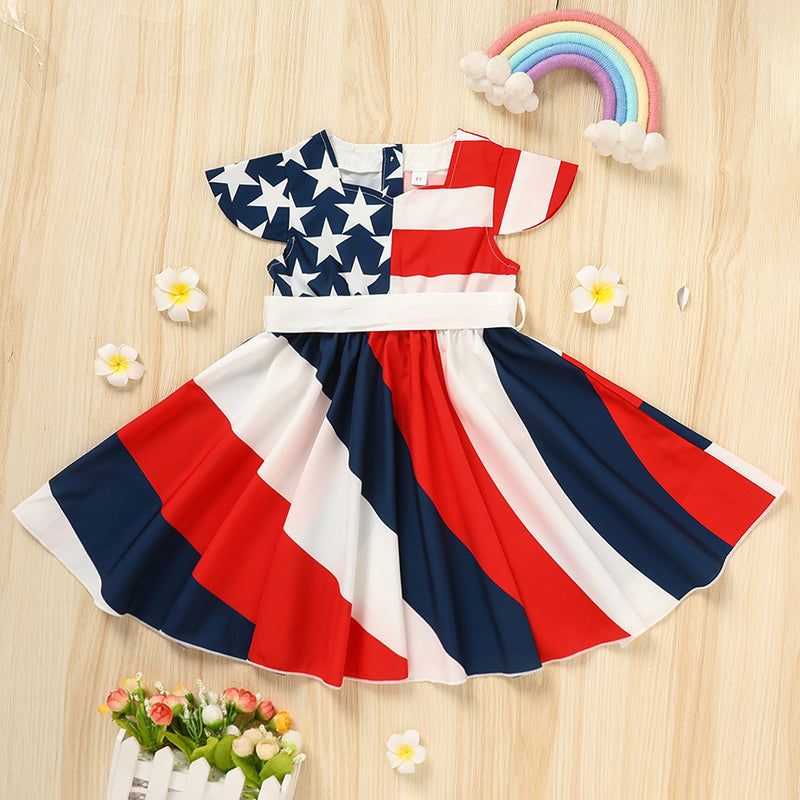 Toddler Girls' (4T- 8T) Independence Day Dress Red White & Blue Stripes and Stars Short Sleeve Twirl Dress 4th Of July