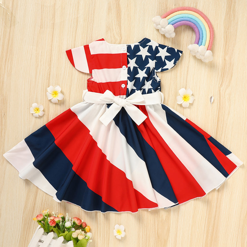 Toddler Girls' (4T- 8T) Independence Day Dress Red White & Blue Stripes and Stars Short Sleeve Twirl Dress 4th Of July