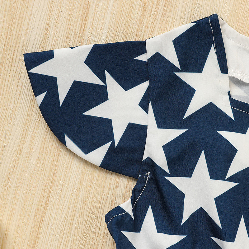 Toddler Girls' (4T- 8T) Independence Day Dress Red White & Blue Stripes and Stars Short Sleeve Twirl Dress 4th Of July