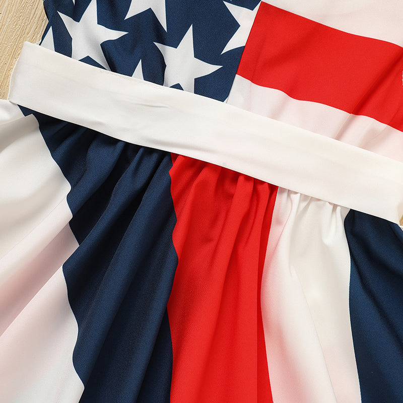 Toddler Girls' (4T- 8T) Independence Day Dress Red White & Blue Stripes and Stars Short Sleeve Twirl Dress 4th Of July