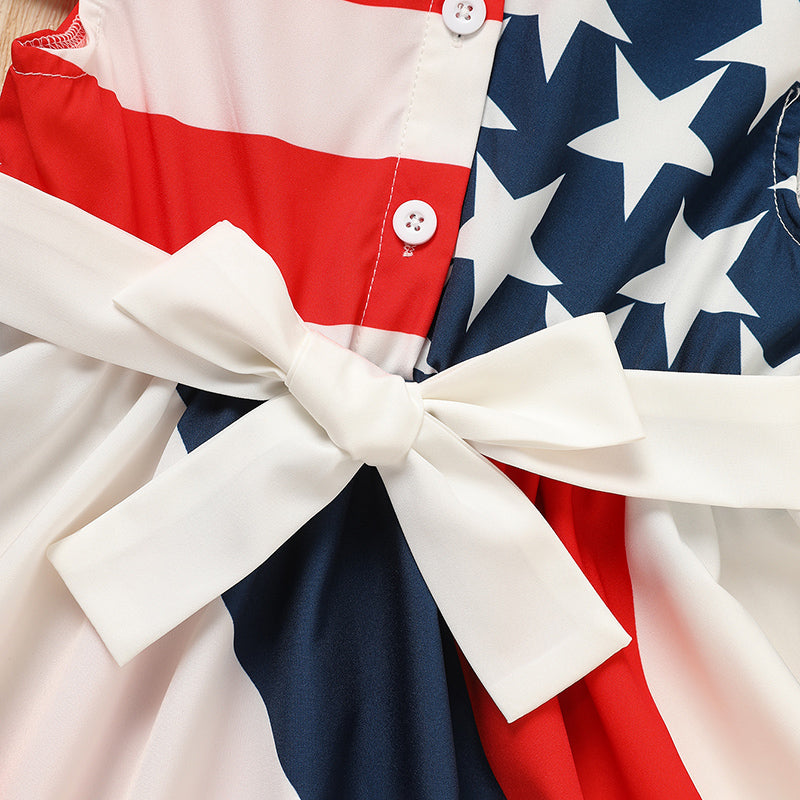 Toddler Girls' (4T- 8T) Independence Day Dress Red White & Blue Stripes and Stars Short Sleeve Twirl Dress 4th Of July