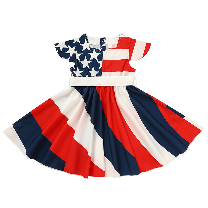 Toddler Girls' (4T- 8T) Independence Day Dress Red White & Blue Stripes and Stars Short Sleeve Twirl Dress 4th Of July