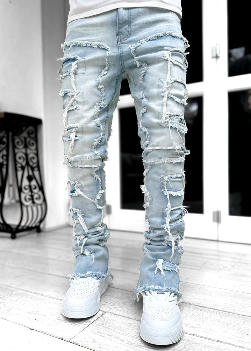 Men's Stacked Jeans - Ripped Patched Tight Fit Denim Pants