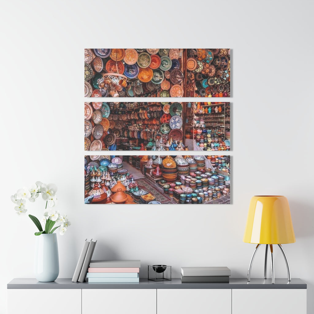 Moroccan Market Triptych Acrylic Print — Colorful Ceramic Pottery from Safi, Morocco Wall Art