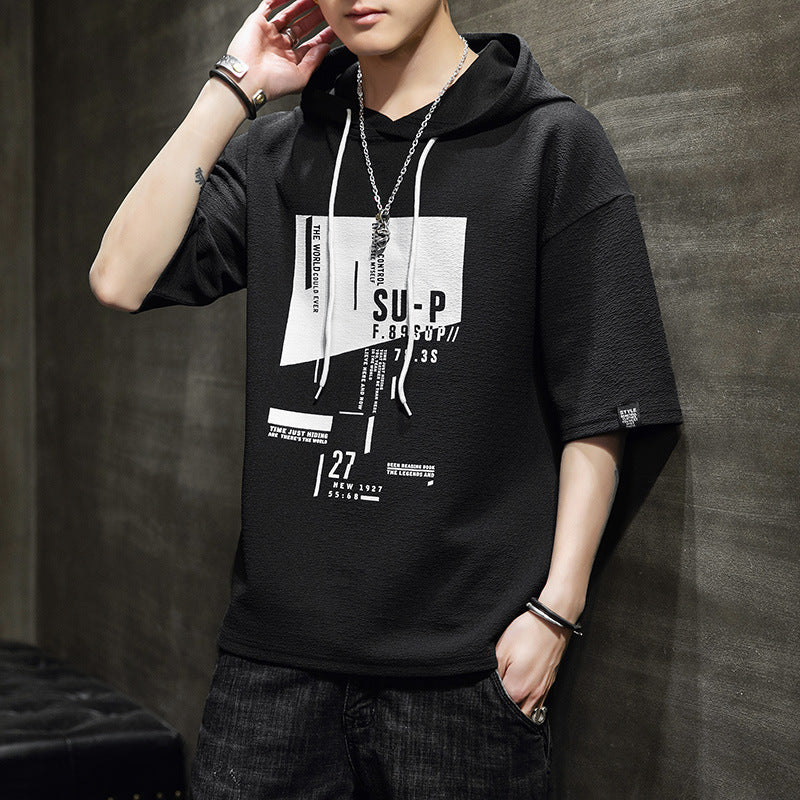 Casual hooded crew neck half-sleeved sweater
