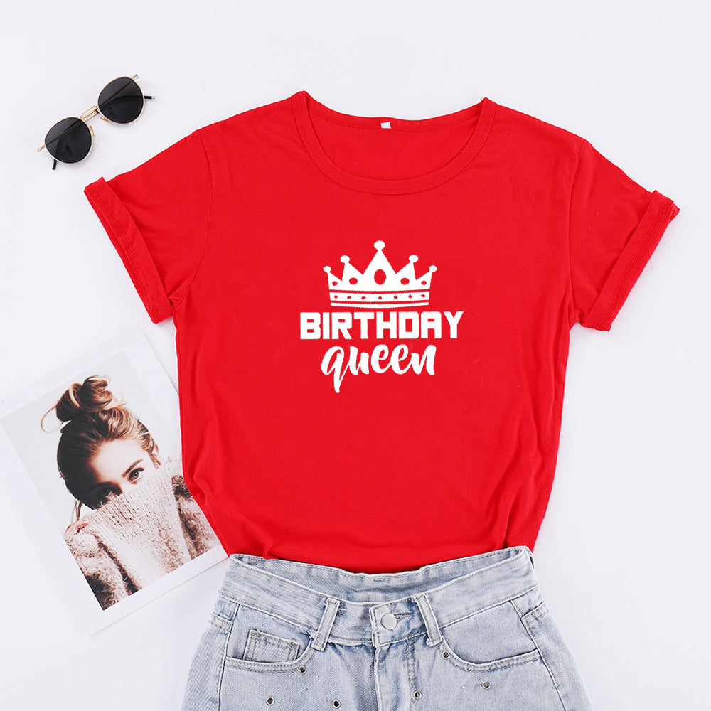 Women and Teen Birthday Queen Letter Print Short Sleeve T Shirt Cotton Causal Graphic Tee