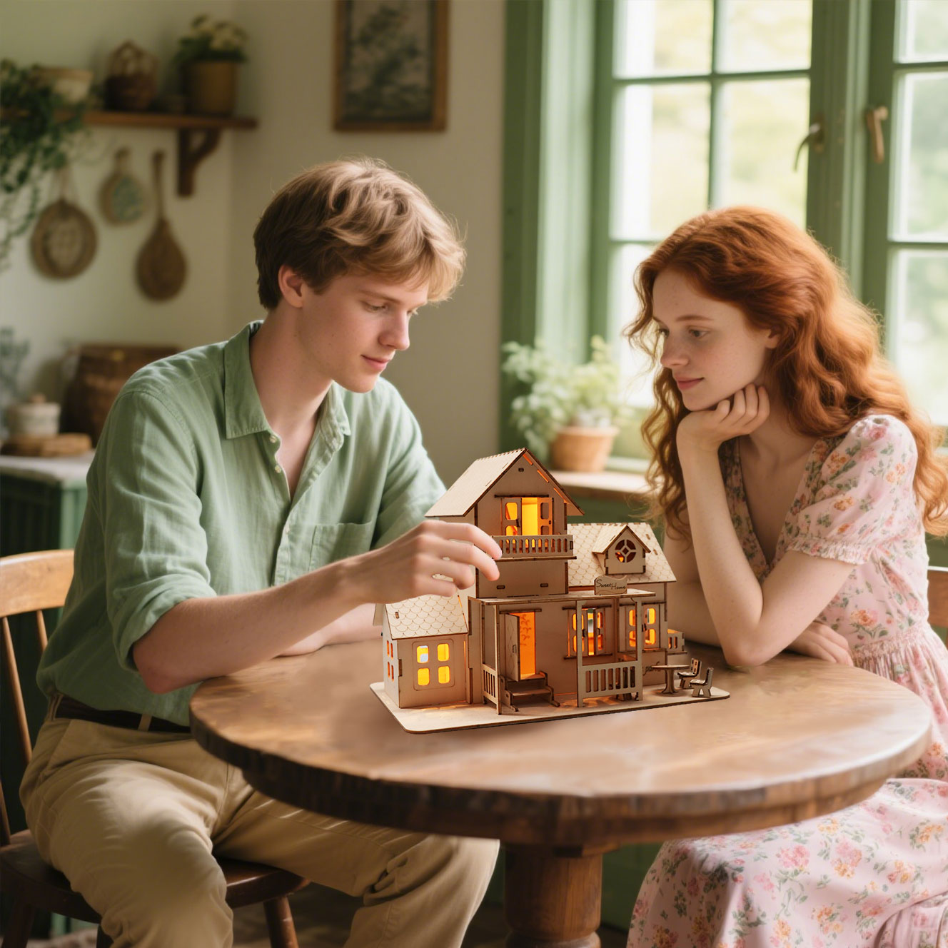 MUSIC PARK 3D Wooden Puzzle Sweet Home Music Box Hands Craft Miniature Dollhouse Kits 3D Model Diy House Building With LED Night Lights