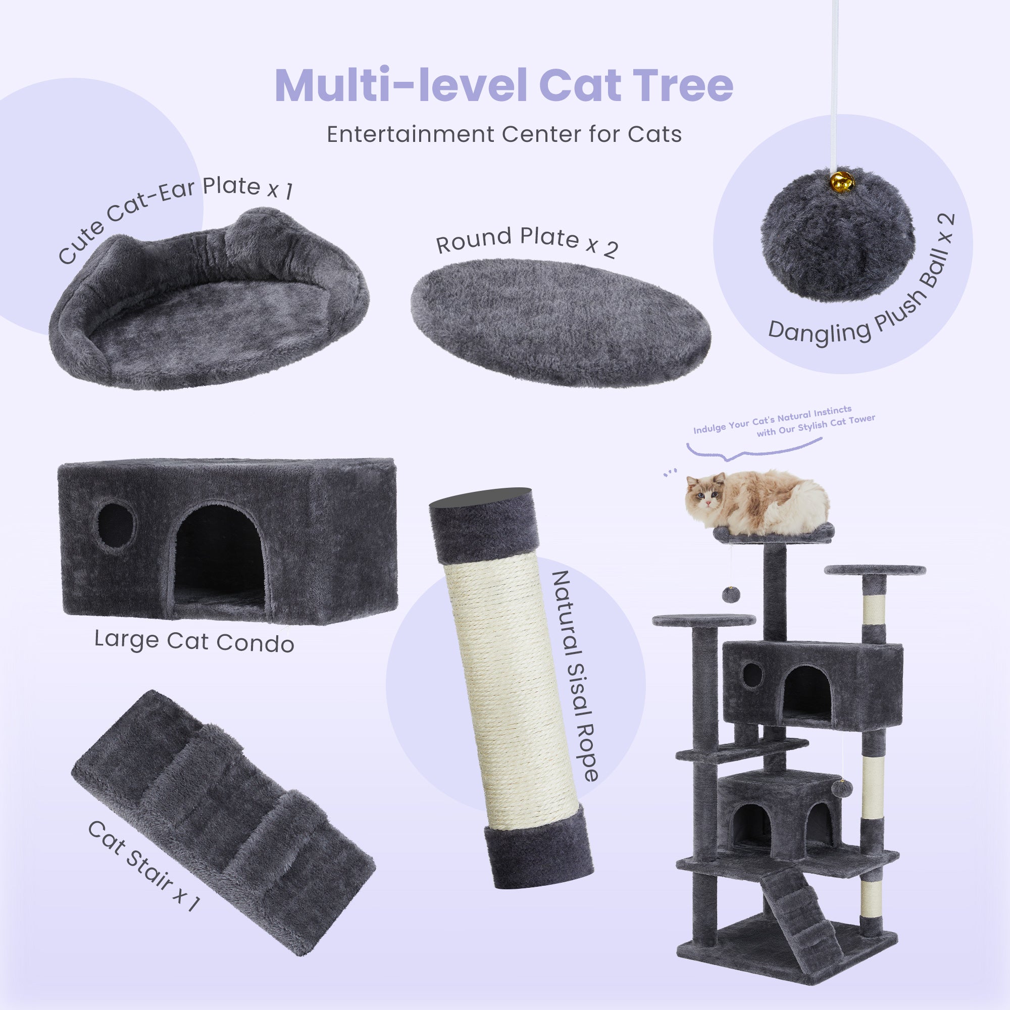 Muli-Level Large Cat Tree Tower with Scratching Post, Cozy Cat Jumping Platform Space, Grey