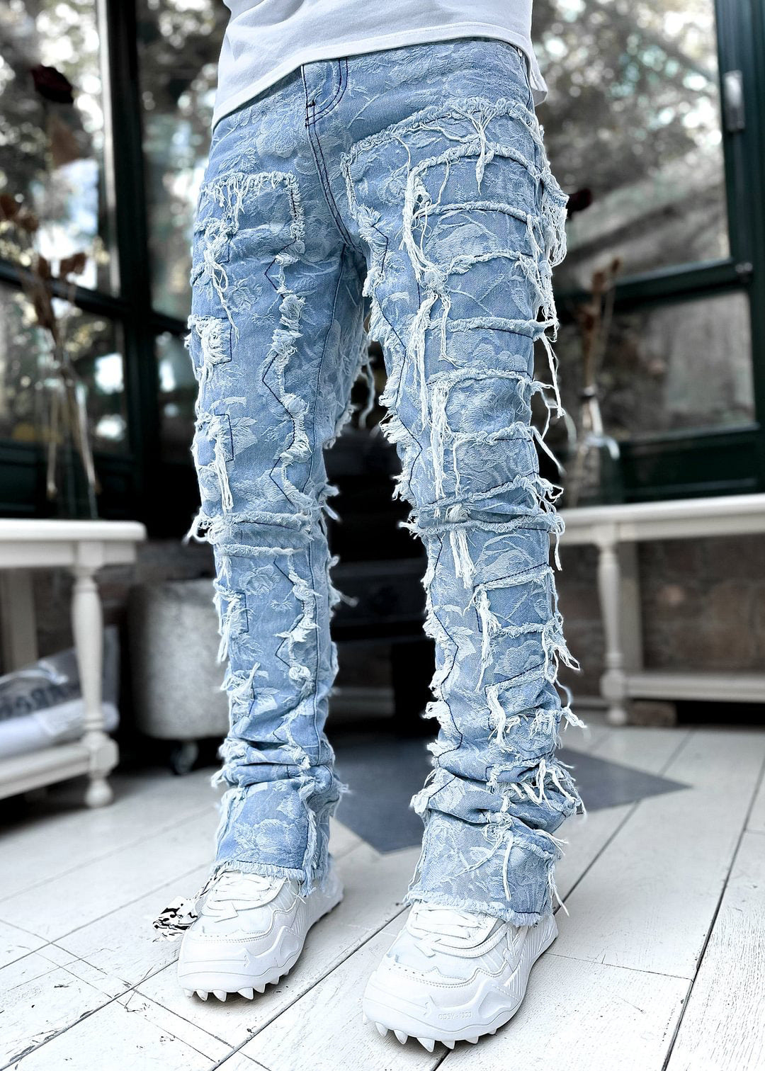 Men's Stacked Jeans - Ripped Patched Tight Fit Denim Pants