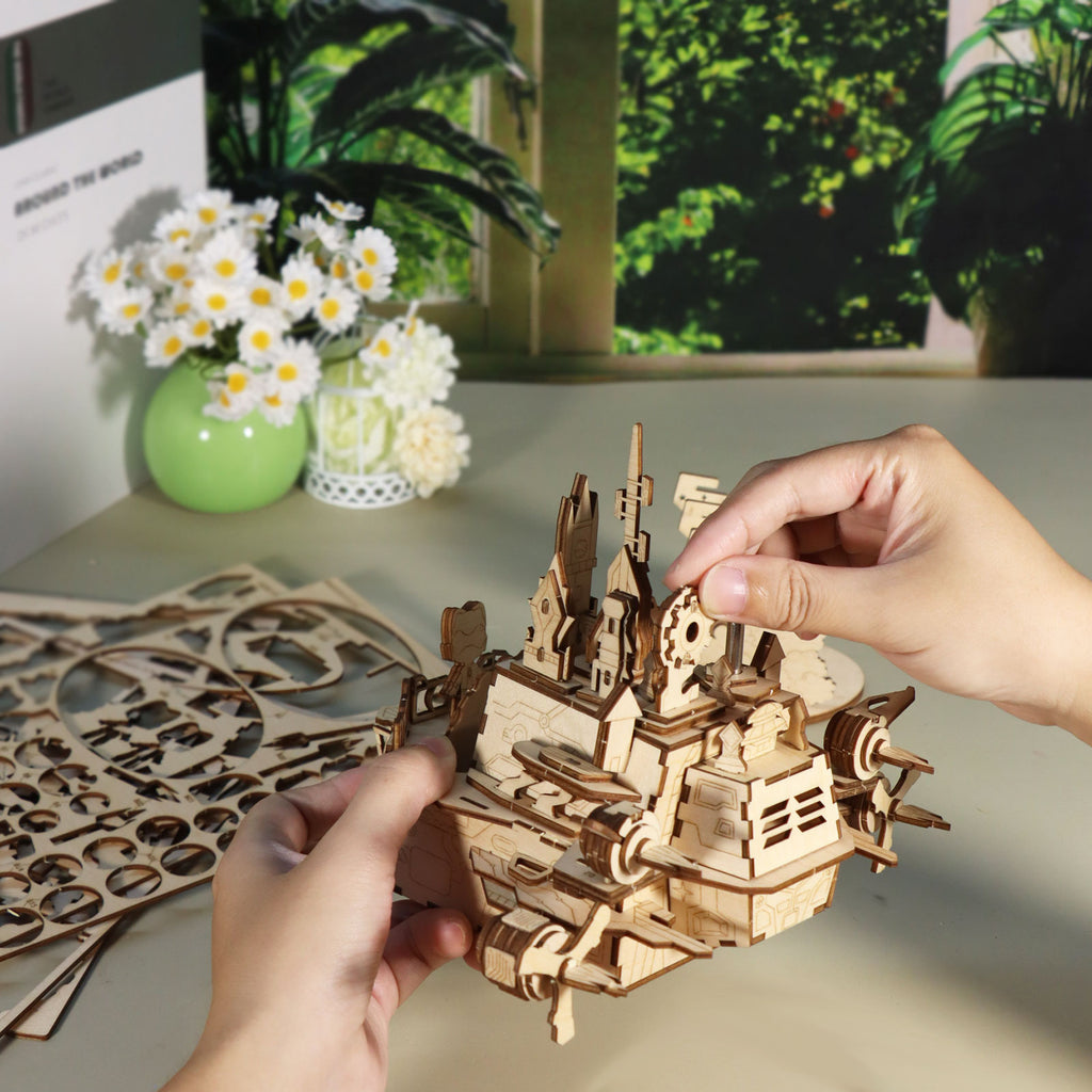 MUSIC PARK 3D Wooden Puzzles Moving Castle Music Box Kits Castle Building Model DIY Crafts