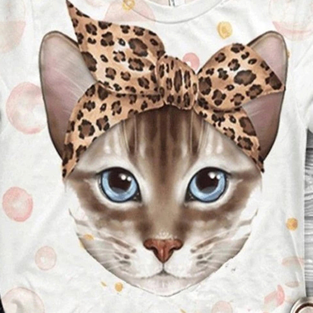 Cat print crew neck T-shirt