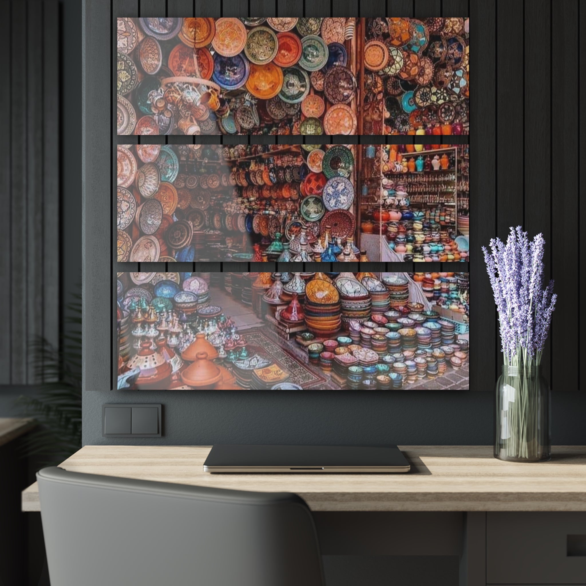 Moroccan Market Triptych Acrylic Print — Colorful Ceramic Pottery from Safi, Morocco Wall Art