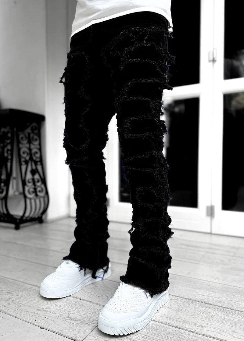 Men's Stacked Jeans - Ripped Patched Tight Fit Denim Pants