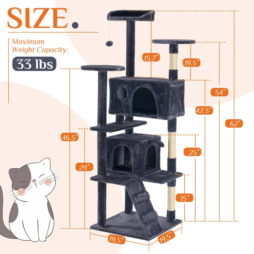 Muli-Level Large Cat Tree Tower with Scratching Post, Cozy Cat Jumping Platform Space, Grey