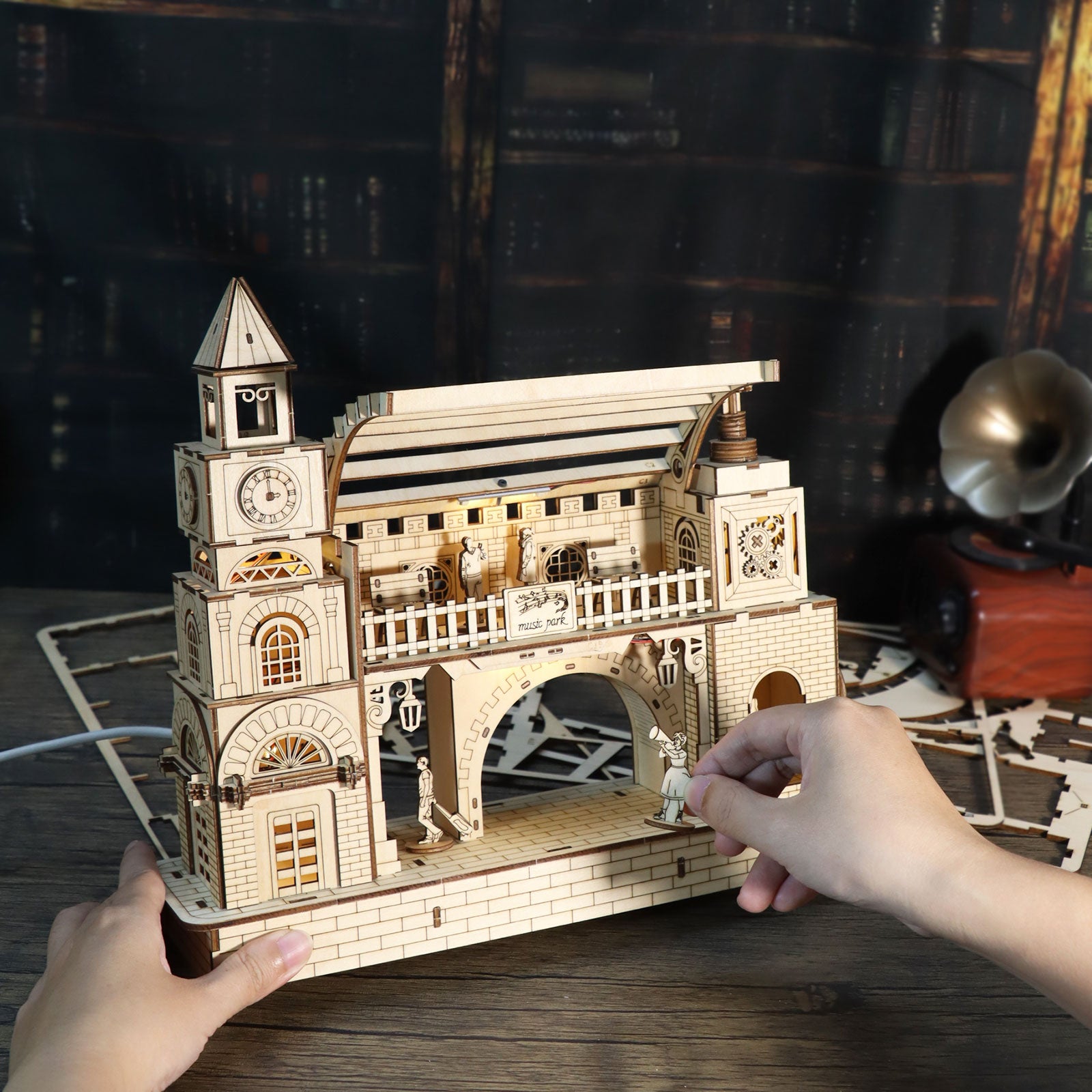 MUSIC PARK3D Wooden Puzzle Railway Station Model Kits to Build Wooden Construction Handmade DIY Craft Unique Gift