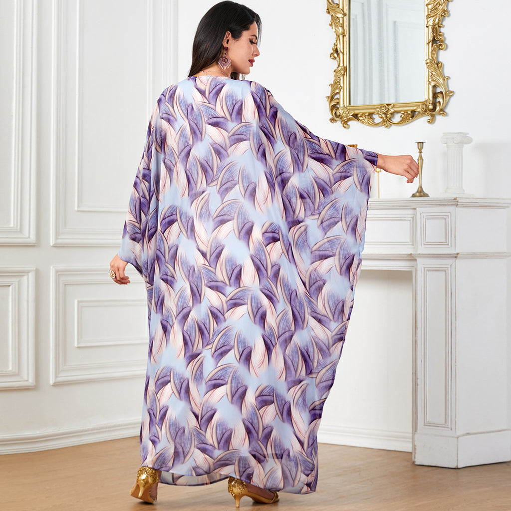 Women's Arabic Print Long Sleeve Kaftan Dress
