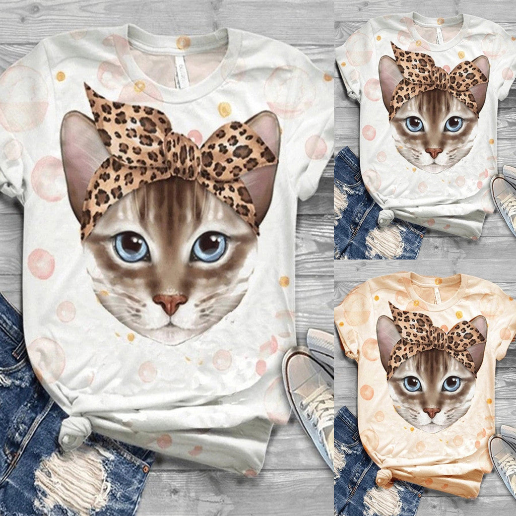 Cat print crew neck T-shirt