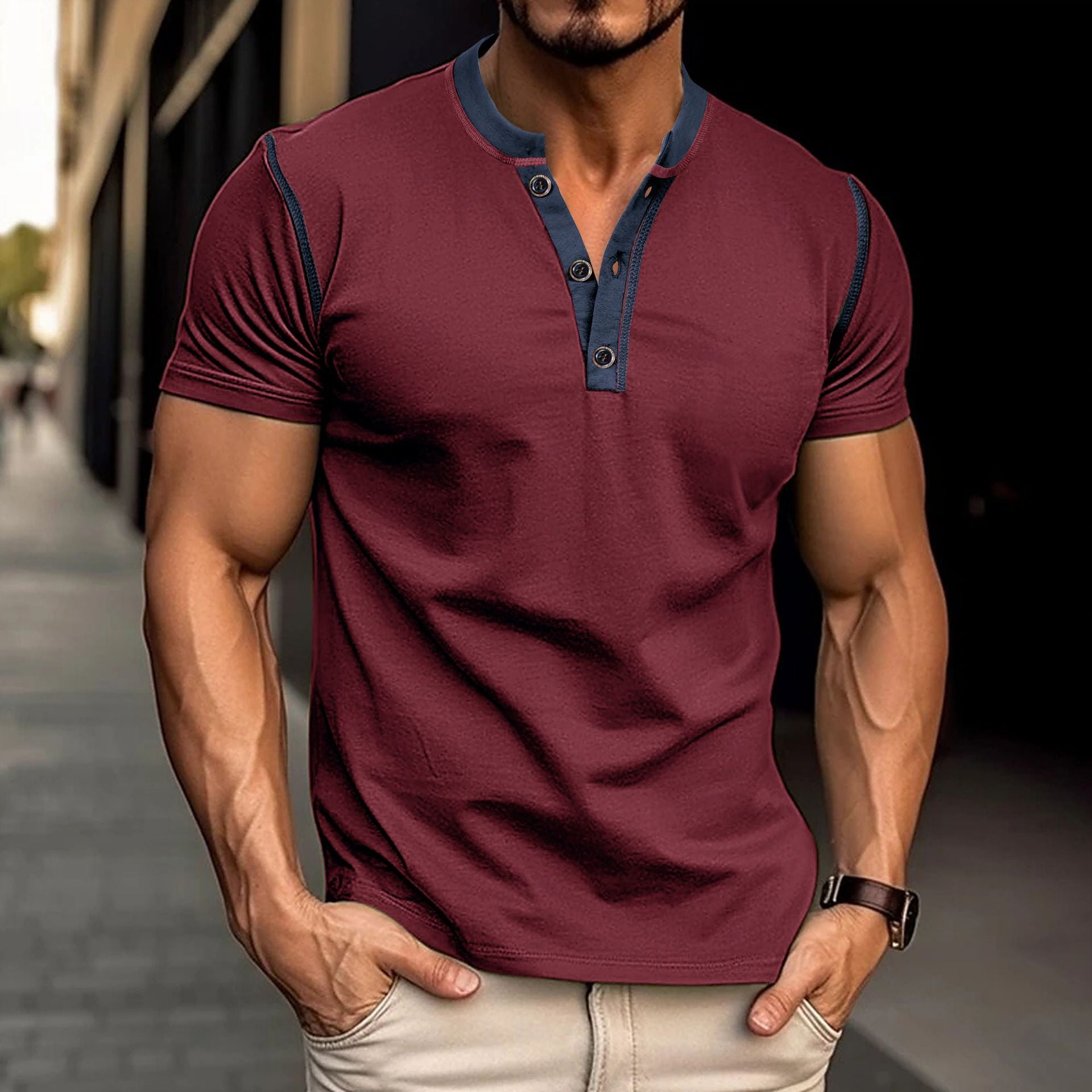 Men's V-Neck Polo Shirt - Short Sleeve Button Summer Top