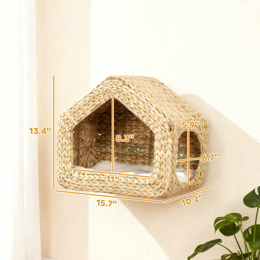 Wall Mounted Cat House, Cat Wall Furniture, Cat Wall Shelf with Washable Cushion, Natural