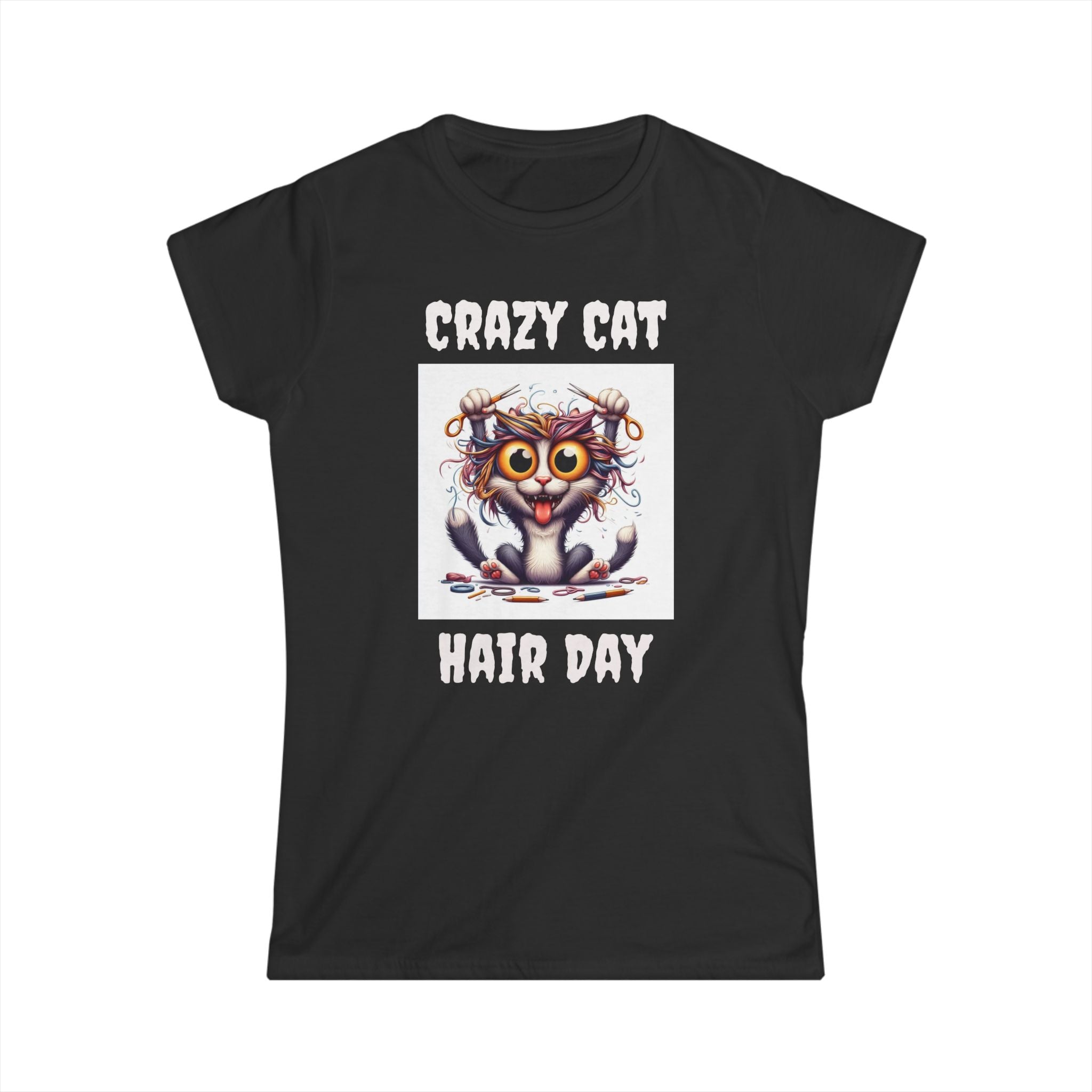 Crazy Cat Hair Day Women's Softstyle Tee - Funny Cat Lover Gift