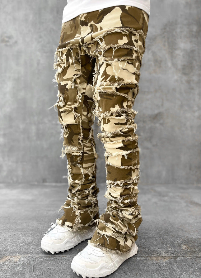 Men's Stacked Jeans - Ripped Patched Tight Fit Denim Pants