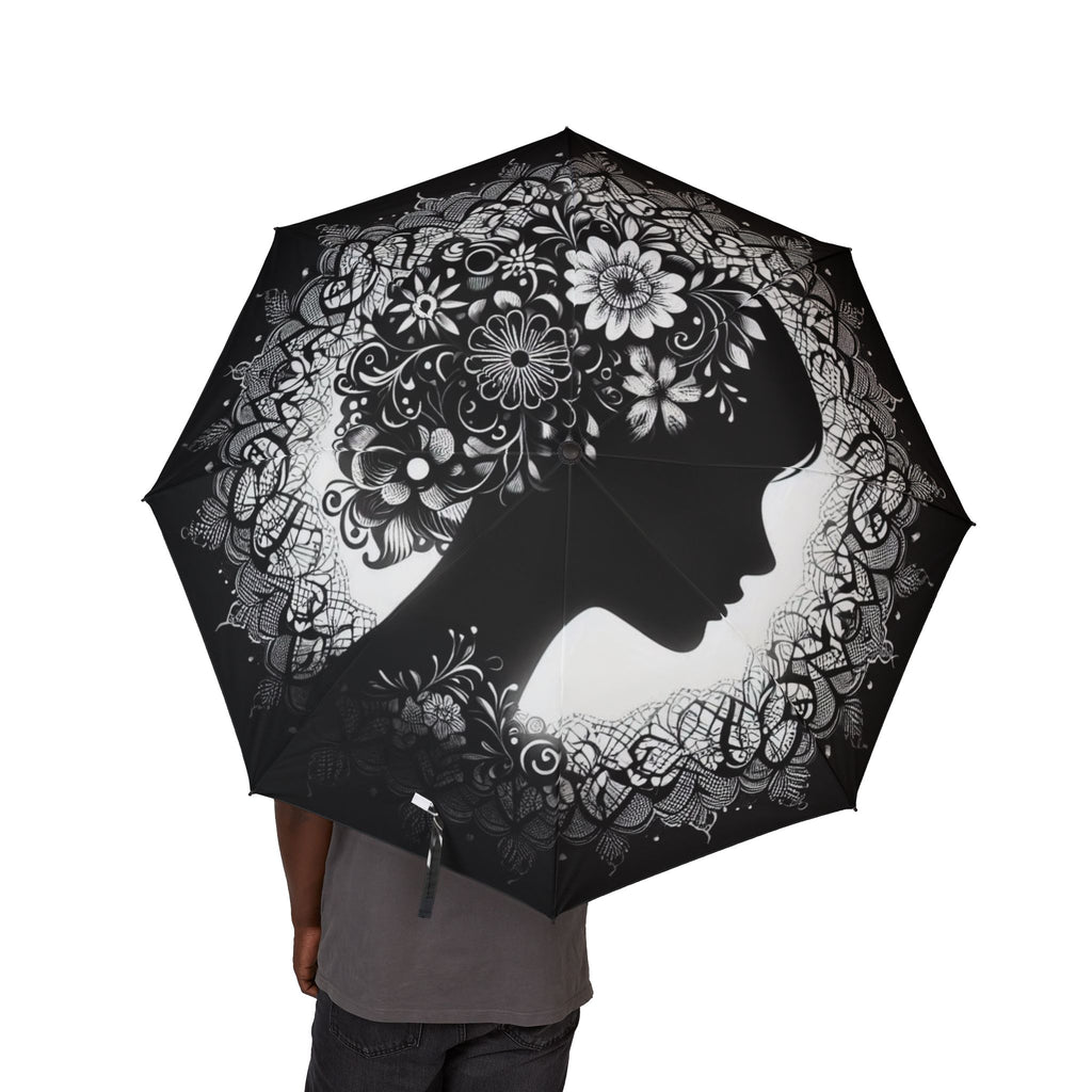 Elegant Black & White Floral Foldable Umbrella - Artistic Gift for Her