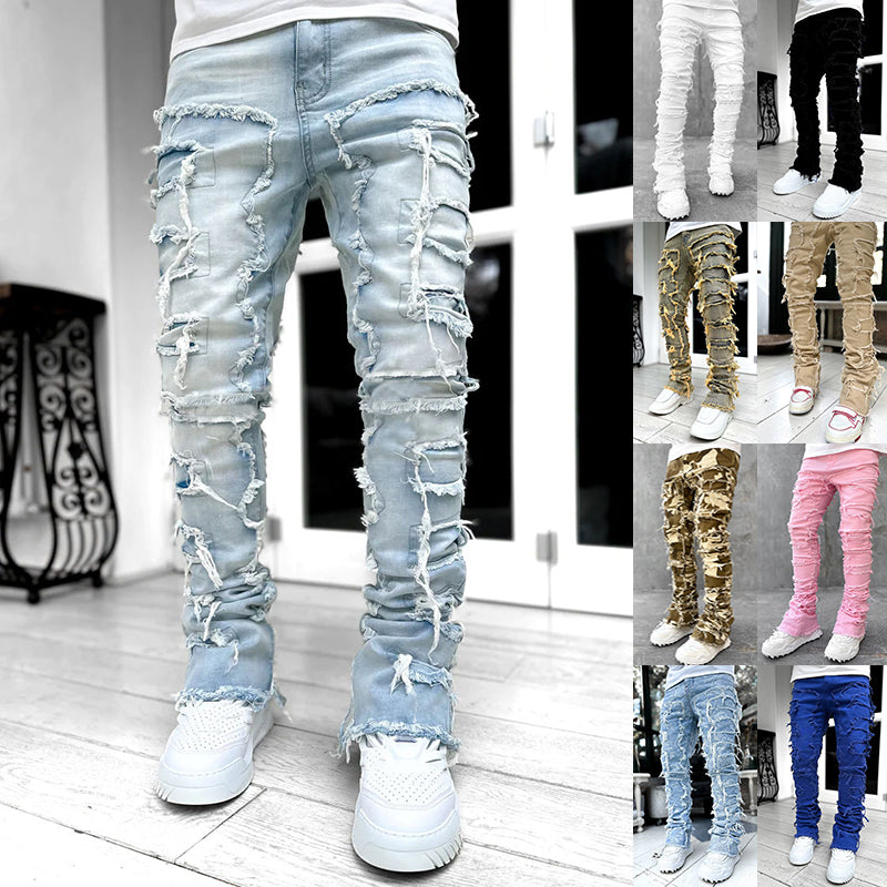 Men's Stacked Jeans - Ripped Patched Tight Fit Denim Pants
