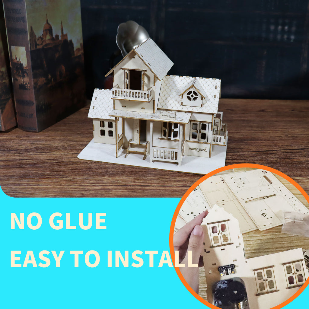 MUSIC PARK 3D Wooden Puzzle Sweet Home Music Box Hands Craft Miniature Dollhouse Kits 3D Model Diy House Building With LED Night Lights