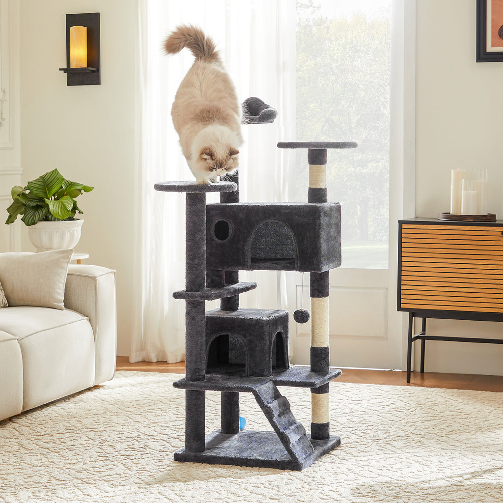 Muli-Level Large Cat Tree Tower with Scratching Post, Cozy Cat Jumping Platform Space, Grey