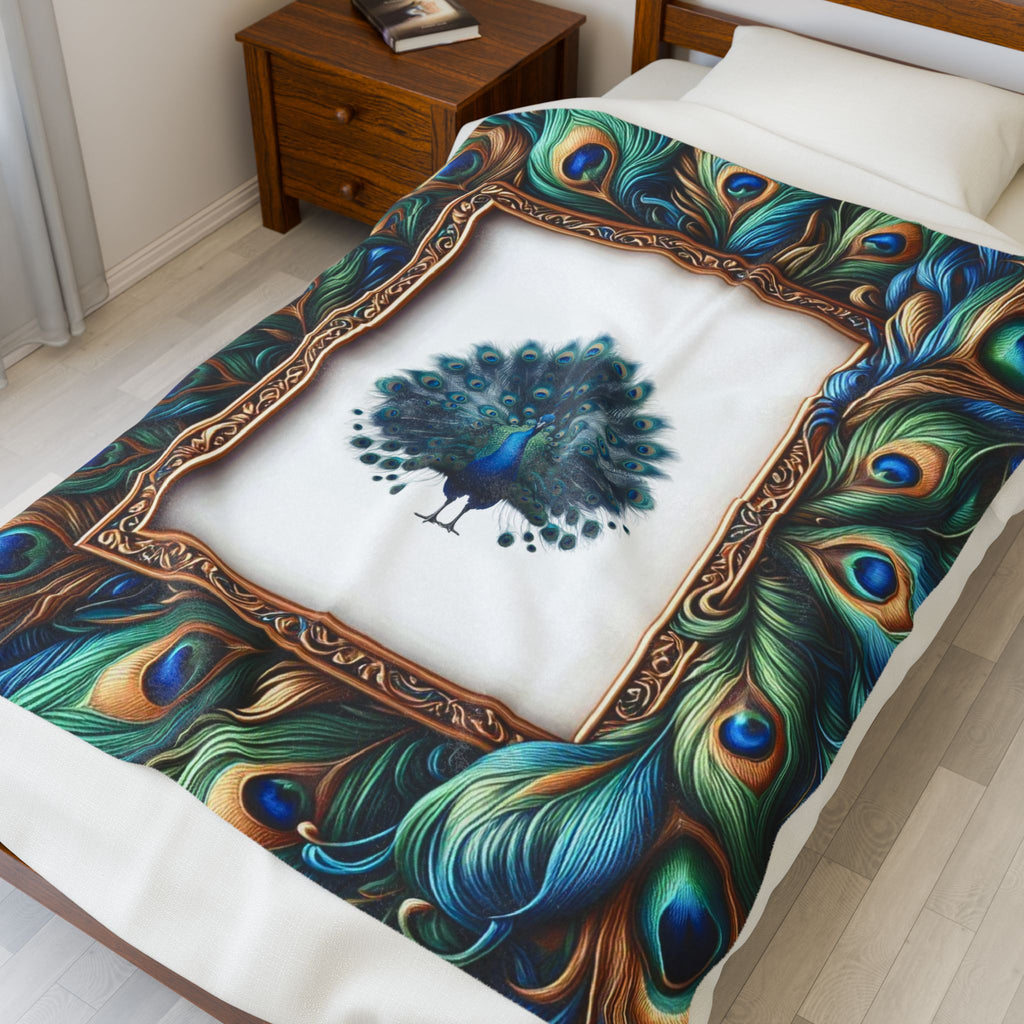 Vibrant Peacock Velveteen Blanket - Cozy Boho Throw for Home Decor