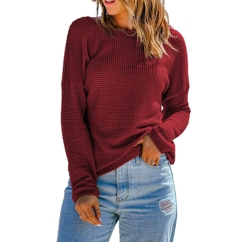 Women's Waffle Knit Drop / Long-sleeved Top Casual All-match T-shirt
