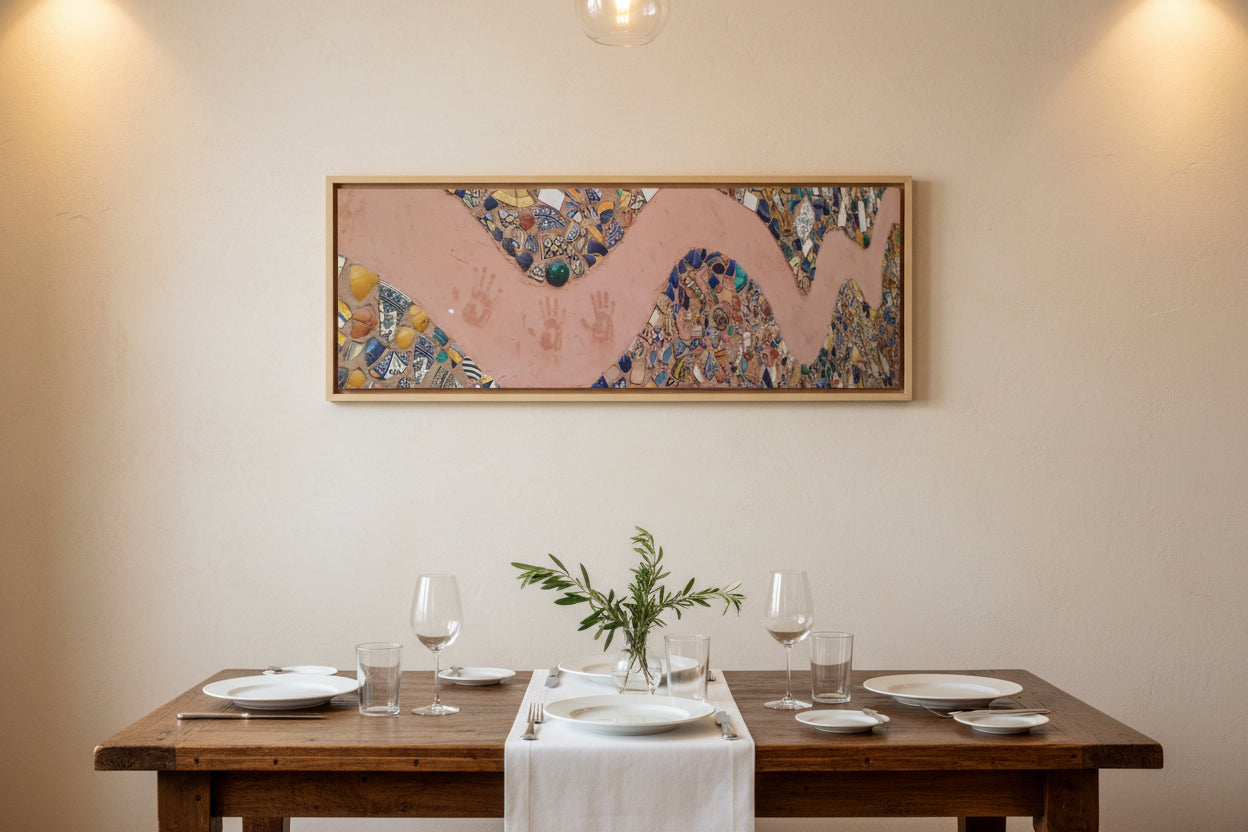 Safi Morocco Stretched Wall Art with Handprint Accent on stretched canvas.
