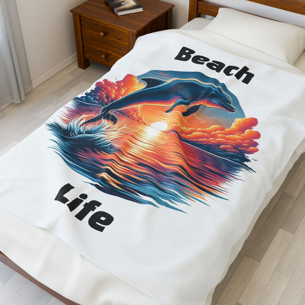 Cozy Dolphin Beach Life Velveteen Blanket - Ocean Themed Throw