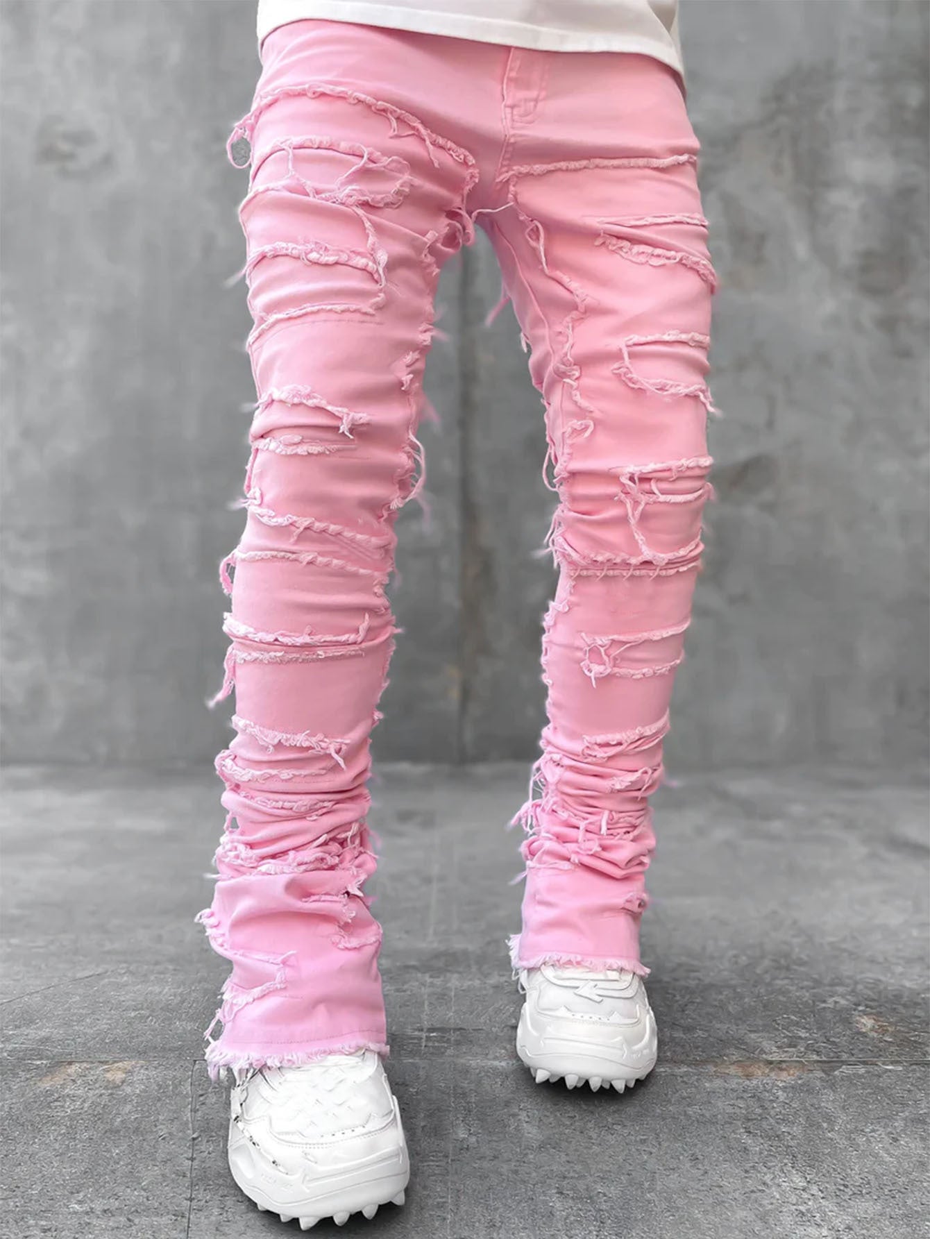 Men's Stacked Jeans - Ripped Patched Tight Fit Denim Pants