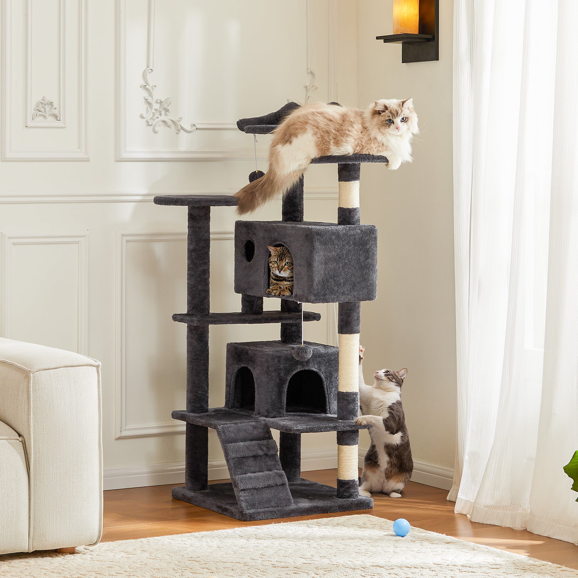 Muli-Level Large Cat Tree Tower with Scratching Post, Cozy Cat Jumping Platform Space, Grey