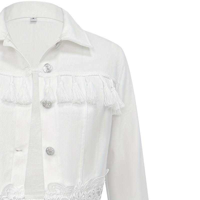 Women's Lace Hollow Out Jacket - Chic Long Sleeve Button Down Shirt With Tassel Details