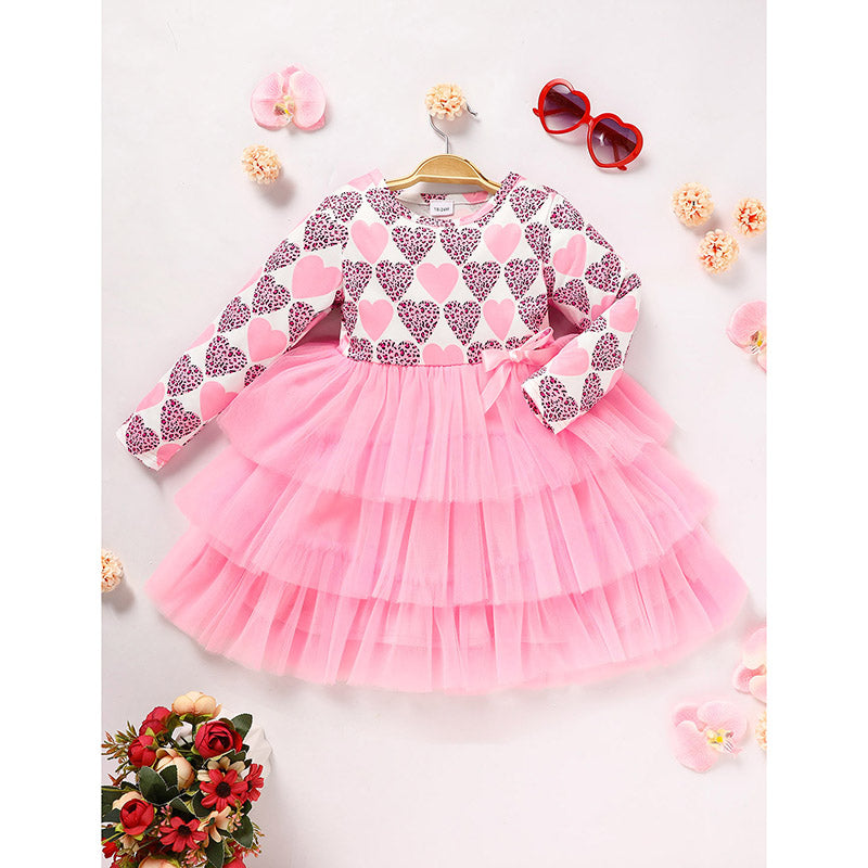 Toddler Girls Outfits Long Sleeve Graphic Heart Print Mesh Tulle Dress