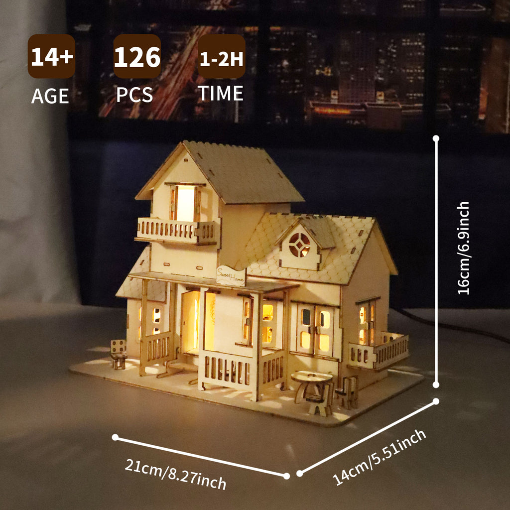 MUSIC PARK 3D Wooden Puzzle Sweet Home Music Box Hands Craft Miniature Dollhouse Kits 3D Model Diy House Building With LED Night Lights