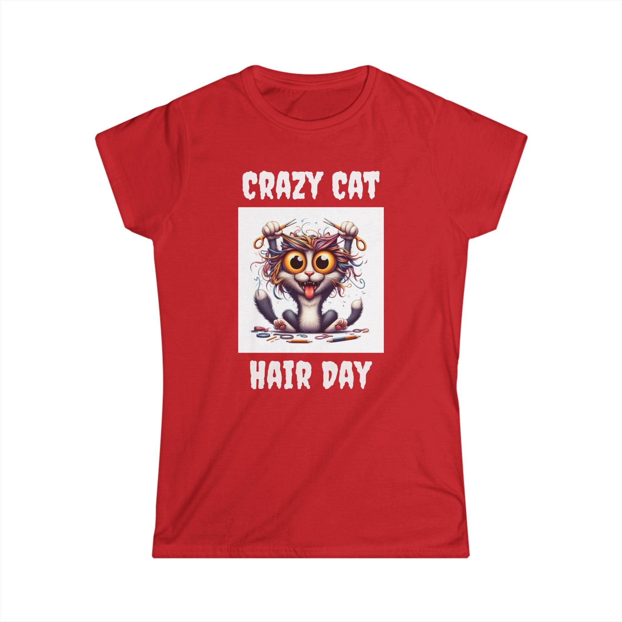 Crazy Cat Hair Day Women's Softstyle Tee - Funny Cat Lover Gift